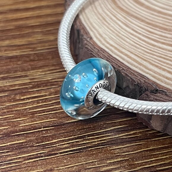 Murano Glass Blue Effervescence Clear Bead Charm - Picture 5 of 5